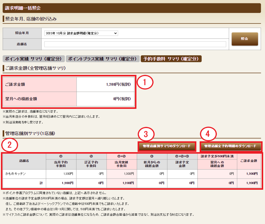 ホットペッパーグルメ店舗管理画面 請求明細一括照会 予約手数料 サマリ