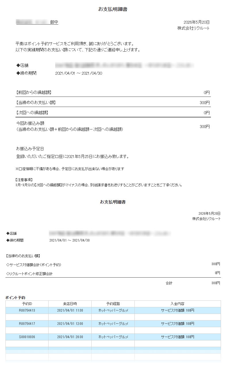 ホットペッパーグルメ店舗管理画面 支払実績一覧 利用ポイントのお支払い明細書