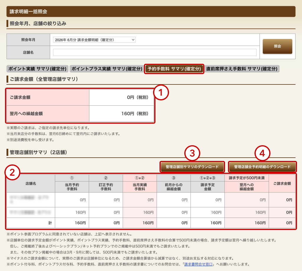 ホットペッパーグルメ店舗管理画面 請求明細一括照会 予約手数料 サマリ