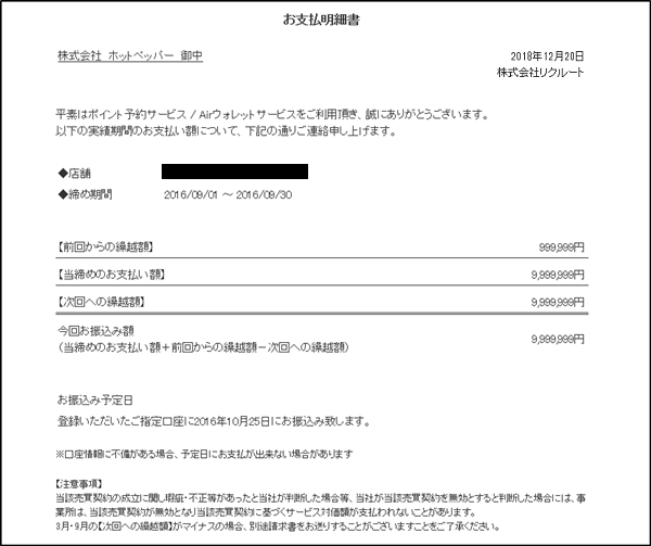 ホットペッパーグルメ店舗管理画面 お支払明細書